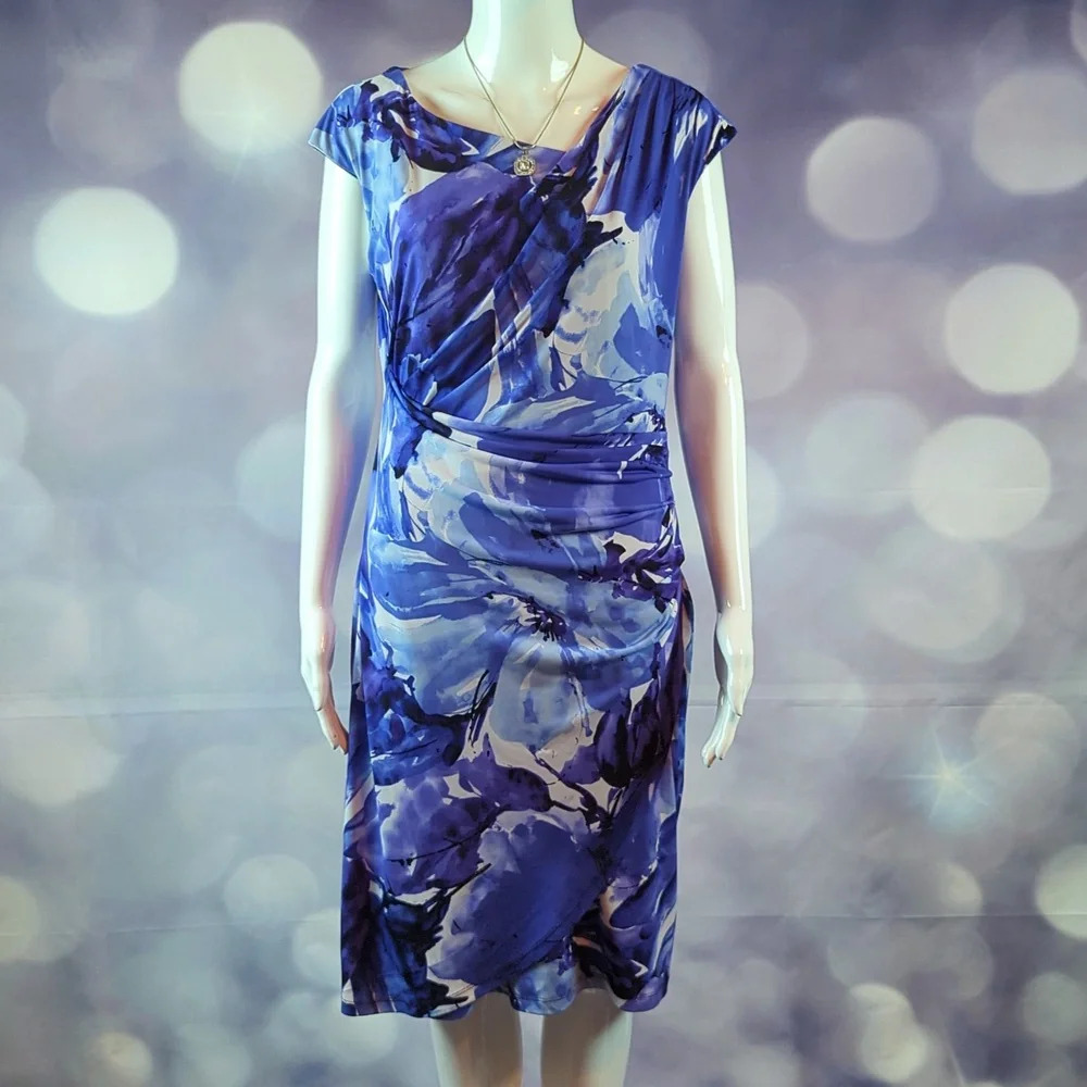 Connected Apparel Blue Asymmetrical Ruched Floral Dress